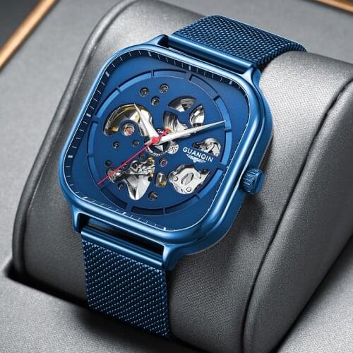 GUANQIN Skeleton Watches Mechanical Automatic Watch Men Square Sport Clock Casual Business Waterproof Wrist Watch Relojes Hombre