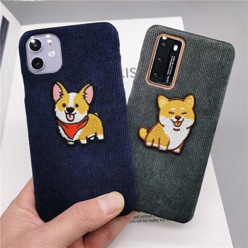 Cute Dog Embroidery Phone Case For Huawei P40 Lite P30 Pro Case Warm Corduroy Hard PC Cover for Huawei P40 Pro Y9 Prime 2019 P30