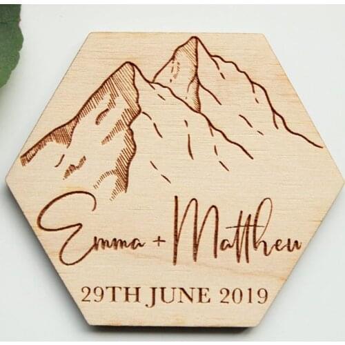 Mountain Wooden Save the Date Magnet, Personalised Mountain Wedding Save the Date,Wood Wedding Invitation