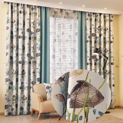 Fish Printed Kids Blackout Curtains for Bedroom Jinya Home Decoration Stitching Fabric Window Treatments Fresh Children Curtain