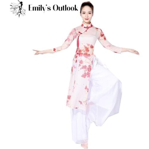 Classical Dance Gauze Costume Long Sleeve Mesh Cheongsam Red Floral Chinese Traditional Frog Dress Plus Size Adults