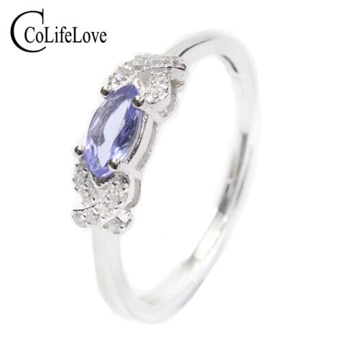 VVS tanzanite ring for party 3 mm * 6 mm natural tanzanite silver ring solid 925 silver tanzanite fine jewelry