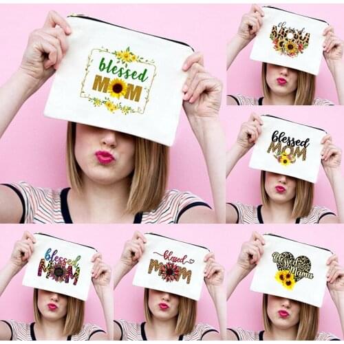 Blessed Mom Sunflower Leopard Print Makeup Bags Travel Cosmetic Bags Mom Life Toiletries Organizer Storage Pouch Clutch Mom Gift