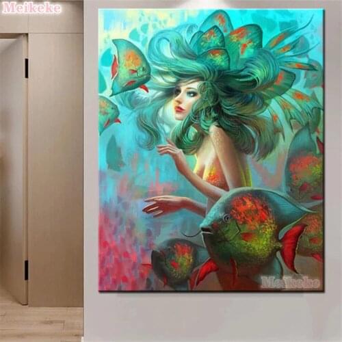 Full Square Round Drill Diamond Painting Diamond Embroidery Girl and fish Cross Stitch Mosaic Wall sticker Gift Home Decor Craft