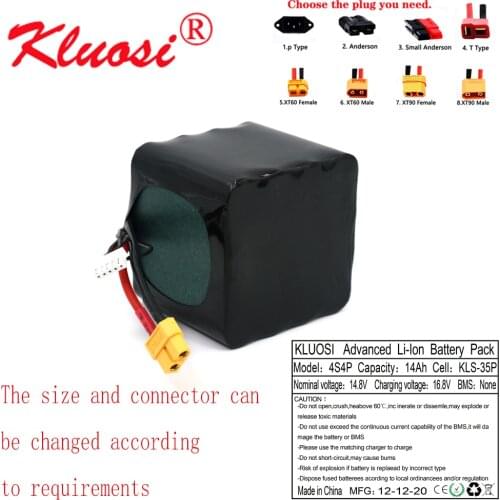 KLUOSI 14.8V 14Ah 4S4P 16.8V Li-ion Battery High Capacity UAV Rechargeable for Various RC Airplane Quadrotor Etc XH2.54-5P XT60