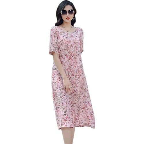 LT212010 New 2021 Spring Elegant Graceful Rose Printed Lace up Slim Fit round Neck 100% Silk Dress