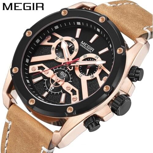 MEGIR Official Quartz Men Watches Fashion Genuine Leather Chronograph Military Watch Clock Men Relogio Masculino Erkek Kol Saati