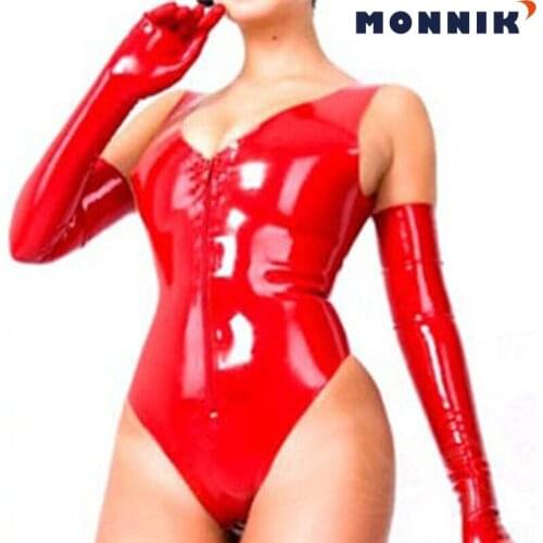 MONNIK latex Sexy Latex Women Thong Bodysuits Rubber Leotard with Long Gloves Front Zipper