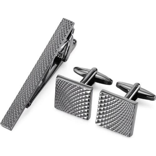 A set new high quality square hand carved black pattern Cufflinks tie clip men French shirt Cufflinks Tie Clip box Free Shipping