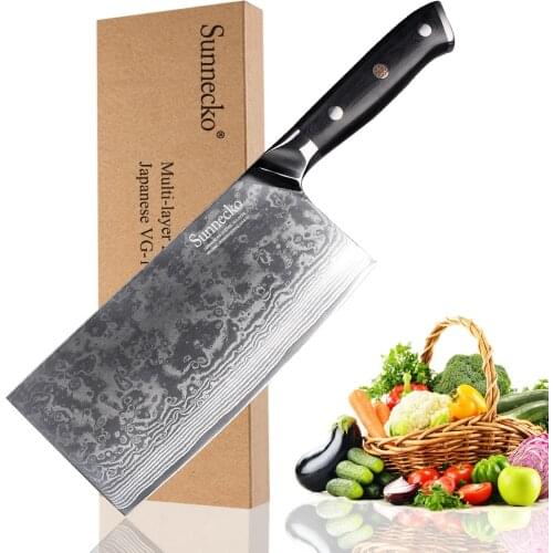 SUNNECKO Premium 7" Cleaver Knife Damascus Japanese VG10 Steel Blade Kitchen Cutter Tools G10 Handle Sharp Meat Vegetable Slicer