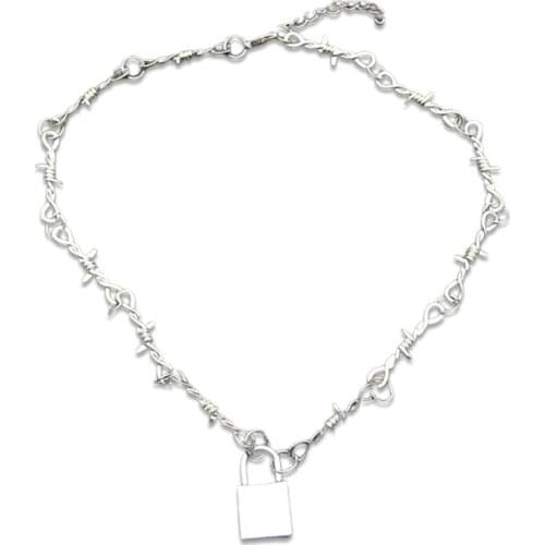 Thorns Necklace Metal Chain Safety Duty Padlock Flame Necklace Jewelry Alloy Lock Thorns Necklace Anniversary Prop
