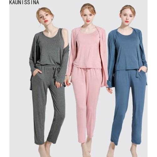 3 Pieces Sleepwear Set Long Sleeve Modal Pajama Suits Home Womens Loose Pijamas Soft Loungewear Plus Size Female Nightwear