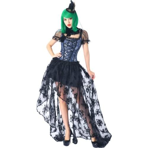 Corset Dress Mesh and Lace Overbust Corset and High Low Skirt Halloween Performance Costume
