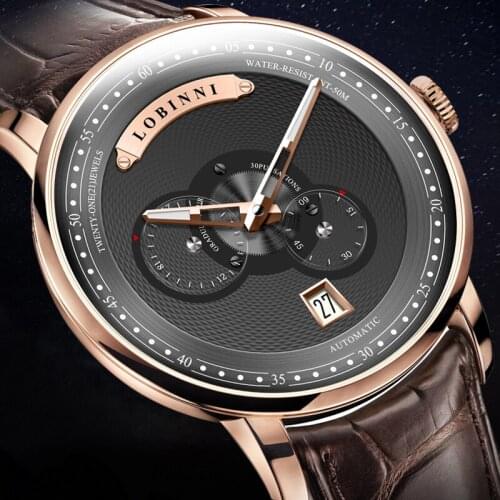 LOBINNI Luxury Men Watches Sapphire Glass Watchproof Mechanical Watches Genuine Leather Strap Analog Automatic Watches