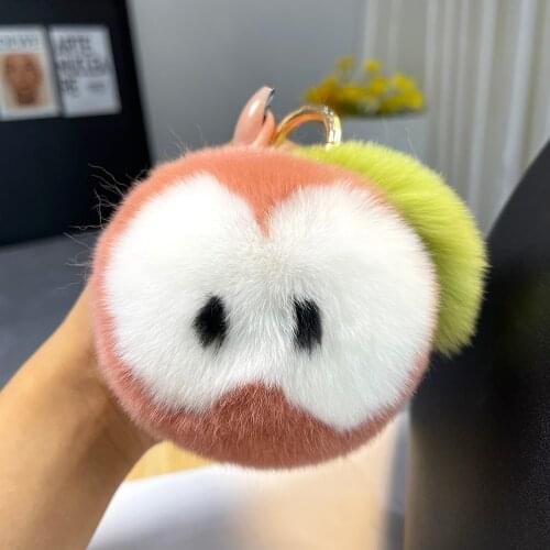 Cute Real Rex Rabbit Fur Keychain Plush Sweet Half-cut Apple Key Ring For Women Toys Fluffy Car Key Bag Ornament Jewelry Gifts