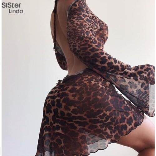 Sisterlinda Fashion Sexy Leopard Backless See-Through Party Night Clubwear Dress Women Fashionable Ruffles Lace Up Vestidos 2020