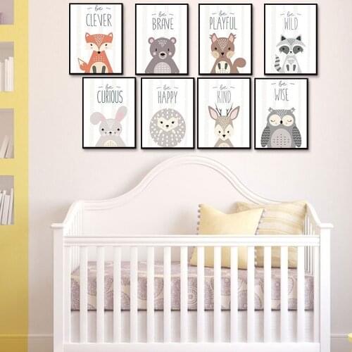 Nordic Simple Childrens Room Bedroom Decor Pictures Cartoon Animal Print Poster Cute Rabbit Fox Bear Wall Art Canvas Painting