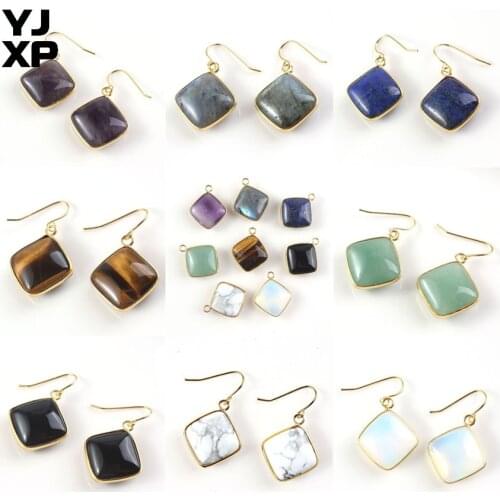 YJXP Gold Color Purple Amethysts Cushion Shape Lapis Lazuli Rhombus Cabochon Earrings Jewelry