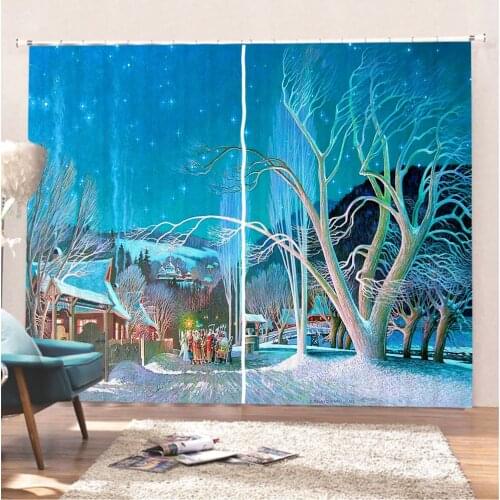 2 Panels Curtain White Tree Window Curtain 3D Print New Year Curtain Festival Happy Holiday Curtain Merry Christmas Drapes
