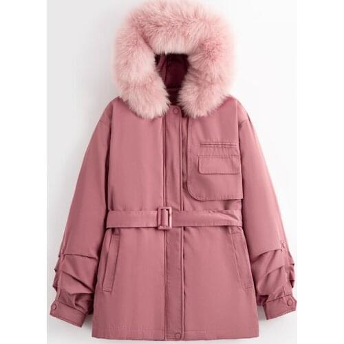 90% White Duck Down Jacket Thick Warm Parkas Female Outerwear Big Fur Collar Hooded Adjustable Waist Down Jackets Winter Women