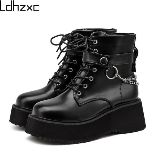 LDHZXC 2020 Sexy Chain Fall ankle Boots Women Thick Platform Heels Comfortable Footwear For Shoes Black Gothic Great Quality