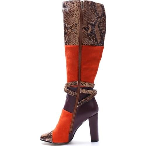 Womens Winter Boots Knee High Long Boot Chunky Heel Sexy Mixed Color Snake Red Suede Buckle Zipper Fashion Shoes Booties 2019