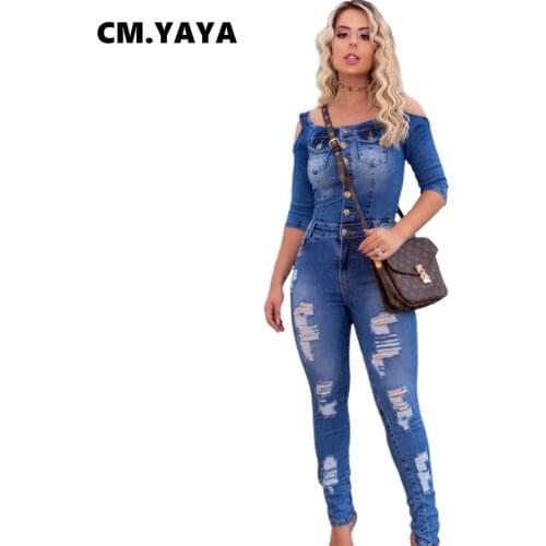 CM.YAYA Women Denim Jumpsuit Solid Ripped Button Pockets Short Sleeve Slash Neck Stretchy Pencil Jumpsuits Fashion Outfit Summer