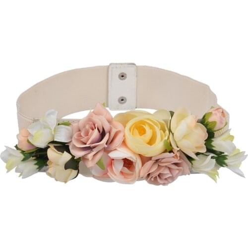 Sweet Elegant Women Pink Flower Belt Elastic Waist Chain Wedding Buckle Waistband Boho Floral Belt Accessories DW09