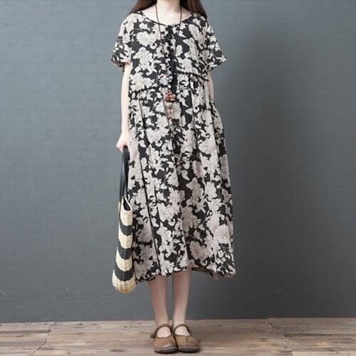 2020 Cotton Linen Summer Dress Loose Plus Size Women Casual Dress Short Sleeve Robe Vintage Print Beach Sundress Kaftan Vestidos