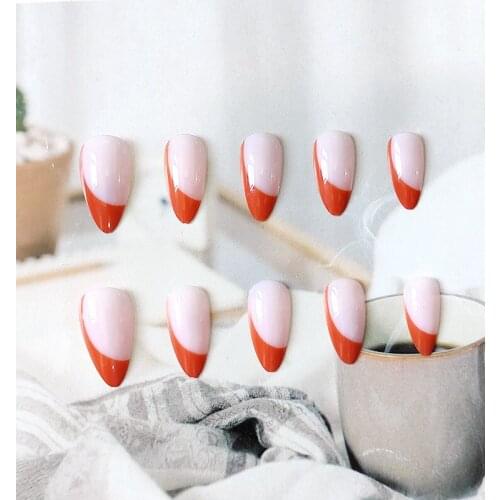 24pcs Orange Nail Patch Glue Type Removable Long Paragraph Fashion Manicure Save Time False Nail Patch DL