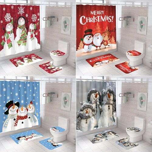 Toilet Seat Cover Merry Christmas Bathroom Set Bath Mat Toilet Mat Anti Slip Snowman Santa Claus Fabric Shower Curtain with Hook