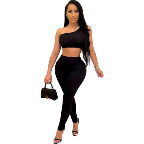 Black Sporty Fitness Tracksuit Women One Shoulder Backless Tank Tops and Cut Out Legging 2 Piece Matching Set Streetwear Suits