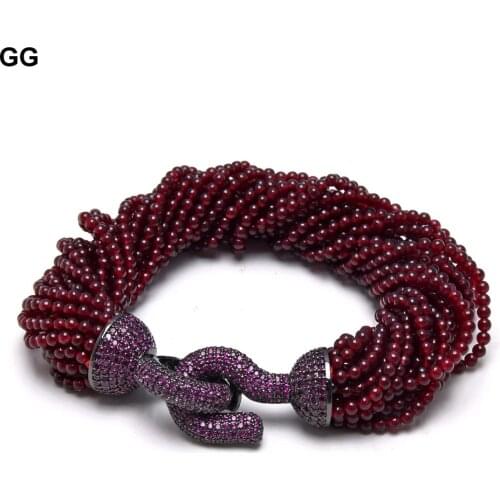 GG Jewelry 20 Strands Natural Smooth Round Garnet Beads Bracelet Gunmetal Color Plated Purple CZ Pave Clasp 8.5'' For Women