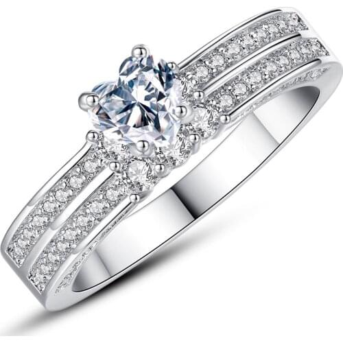 2 Row Lines Crystal Heart Rings for women Ring Jewelry With CZ Inlaid Zircon Wedding Engagement Valentines Day Gift