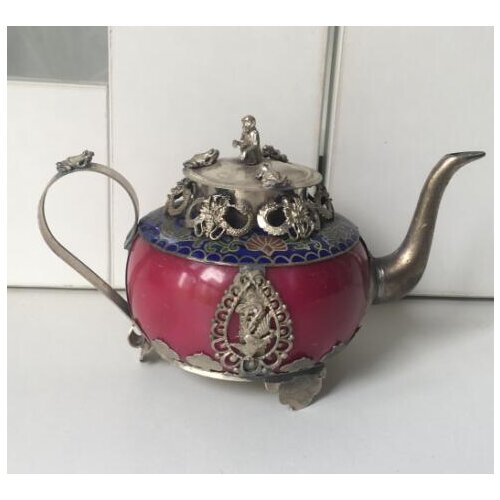 Handwork Collectible Decor Old Jade & Tibet Silver Carved Dragon Phoenix TeaPot 100% real Tibetan Silver Brass