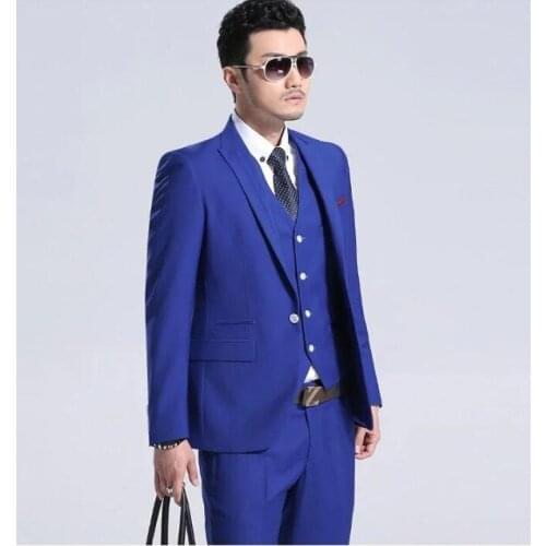 Royal Blue Three Pieces Mens Wedding Suits Slim Fit Button Down Jacket Vest Pants Button Down Business Costumes for Work Men