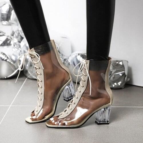 High Heels Summer Shoes Sexy PVC Jelly Sandals Open Toe Lace-up Gladiator Heel Transparent Sandals Big Size 43 Pumps 7cm heels