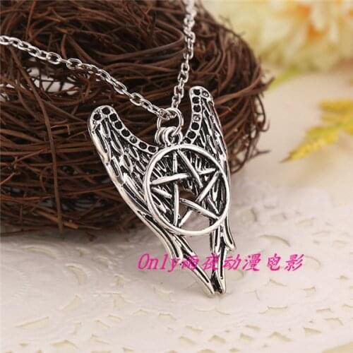 Hot Sale Movie Antique Silver Supernature Necklace Pentagram Pendant Castiel Wings Angel Wicca US SELLER 20pcs/lot