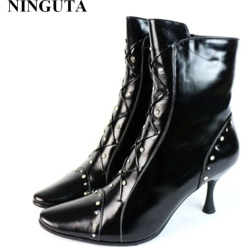 Fashion Crystal Genuine Leather Wool ankle boots women pointed toe high heels women winter boots shoes woman