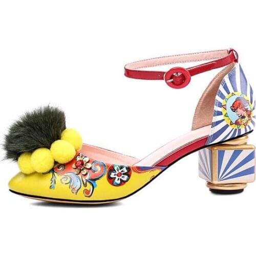 Moraima Snc Woman Vintage High Heel Shoes Bohemia Style Printed Thick Heels Sandal Pom Pom Ankle Strap Summer Shoes