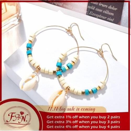 2021 Summer New Trendy Bohemian Style Vintage White Shell Big Fashion Drop Hoop Earrings Nice Gitf for Charming Girls & Women