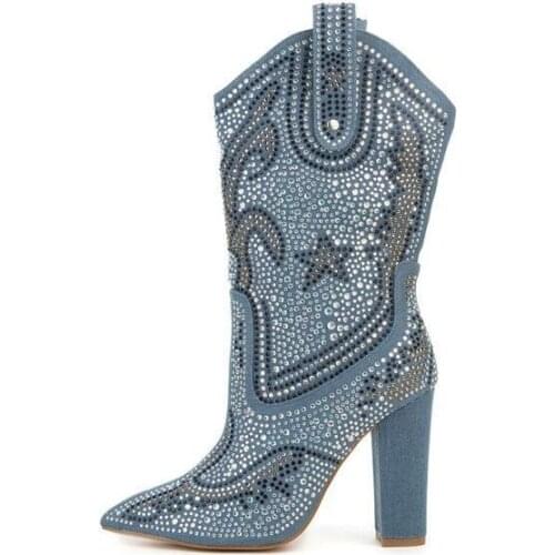 New Arrivals Colorful Crystal Embellished Ankle Boots Pointed Toe Block Heels Wide Calf Ladies Ridding Boots Square Heels