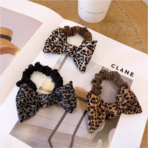 Big Black Bow Vintage Leopard Hair Accessories Elasitic Hair Bands Hair Ropes Elegant Daily Silk Hair Band for Women Rubber Band