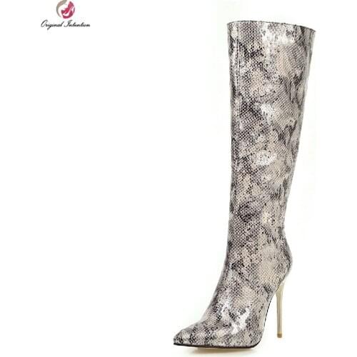 Original Intention New Snake Leopard Printing Knee High Boots Woman Pointed Toe Metal Super Thin Heels Sexy Concise Shoes Female