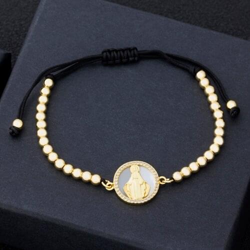 Religion Virgin Mary Adjustable Bracelets For Women Crystal Bracelets Copper Beads Jesus Shell Pendant Gold Christian Jewelry
