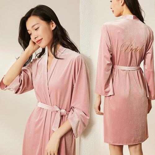 Pink Bride Embroidery Kimono Robe Gown Autumn Winter Velour Bridesmaid Wedding Loose Bathrobe Sexy Night Dress Lounge Sleepwear