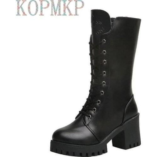 Women 7CM High Heel Boots Black Casual Mid Tube Knight Boots Round Toe Zipper Boots Autumn Winter Leather Warm Boots Size 35-41