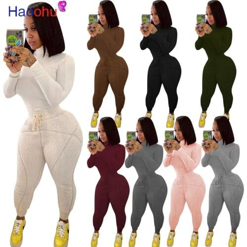 HAOOHU Tracksuit 2pcs Women Set knitted Turtleneck Top Sweatshirt+Plush Jogger Pants Two Pieces Sets Women Clothing Suits Female