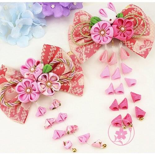 Cute Rabbit Tassel Sakura Tsumami zaiku Kanzashi Hairpin Japanese Geisha Kimono Yukata Ornaments Cosplay Big Bow Hair Clip