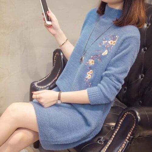 Women Autumn Winter Turtleneck Faux Mink Cashmere Knitted Sweater Female Embroidery Solid Pullovers Lady Casual Warm Dress